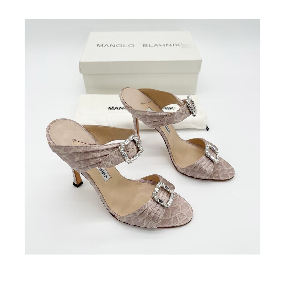 Manolo Blahnik Pink Snake Jacquard Fabric Crystal Buckle Strap Mule Heels IT 40